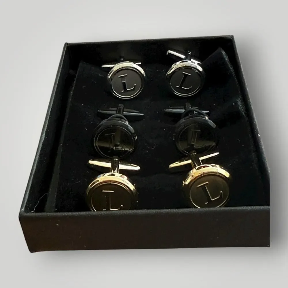 Men’s Cufflinks Set -Initial “L”- Gold, Silver & Black - 3 Pairs